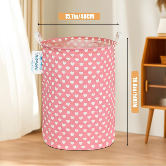 Laundry Hamper Collapsible Kids Storage Basket Waterproof Fabric Toy Clothes Organizer Bin for Children Bedroom Bathroom (Pink heart)