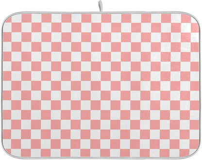 White Pink Checkered Pattern Dish Drying Mat for Kitchen Counter Absorbent Reversible Microfiber Drying Pad Countertop Drainer Mats, Small 16 x 18 inch