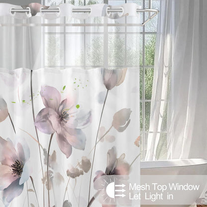 No Hook Shower Curtain and Liner Set, Pink Boho Floral Shower Curtains for Bathroom, Watercolor Flower Waterproof Bathroom Curtain Sets with Snap in Liner, 71x74 Inch