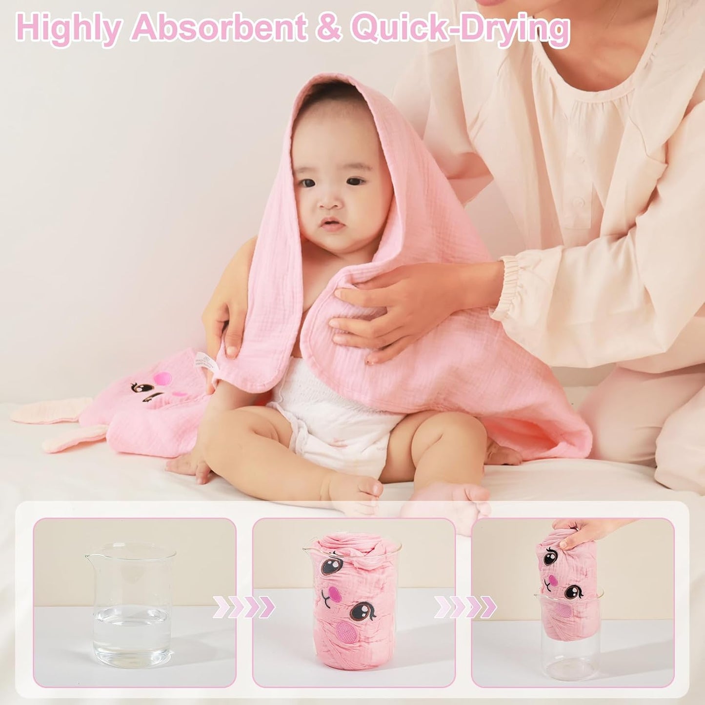 FIOBEE Hooded Baby Towels 100% Muslin Baby Bath Towels for Newborn with Animal Design Ultra-Soft and Absorbent Bath Essentials for Toddler, Unisex Girls Boys 30 x 30 inch, Pink Bunny