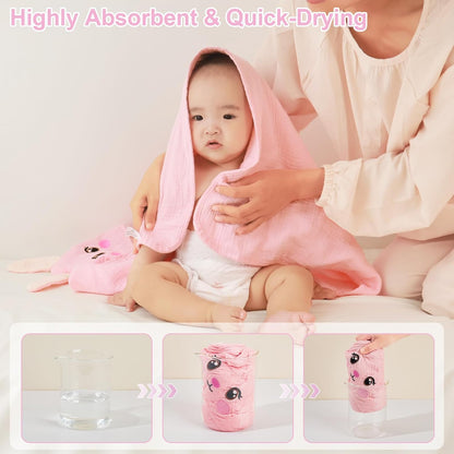 FIOBEE Hooded Baby Towels 100% Muslin Baby Bath Towels for Newborn with Animal Design Ultra-Soft and Absorbent Bath Essentials for Toddler, Unisex Girls Boys 30 x 30 inch, Pink Bunny