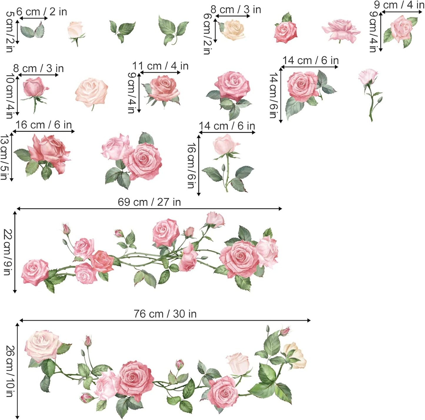 decalmile Pink Rose Flower Wall Decals Floral Vine Wall Stickers Living Room Bedroom Nursery Wall Decor Gifts for Her Mom