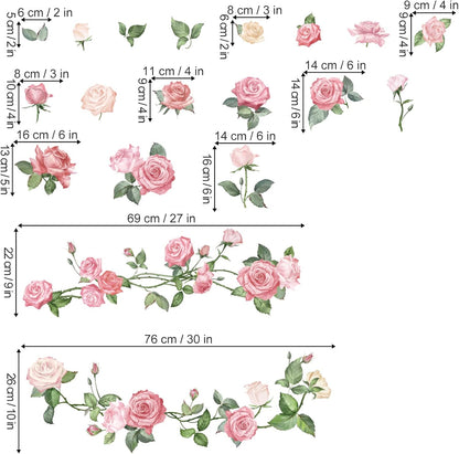 decalmile Pink Rose Flower Wall Decals Floral Vine Wall Stickers Living Room Bedroom Nursery Wall Decor Gifts for Her Mom