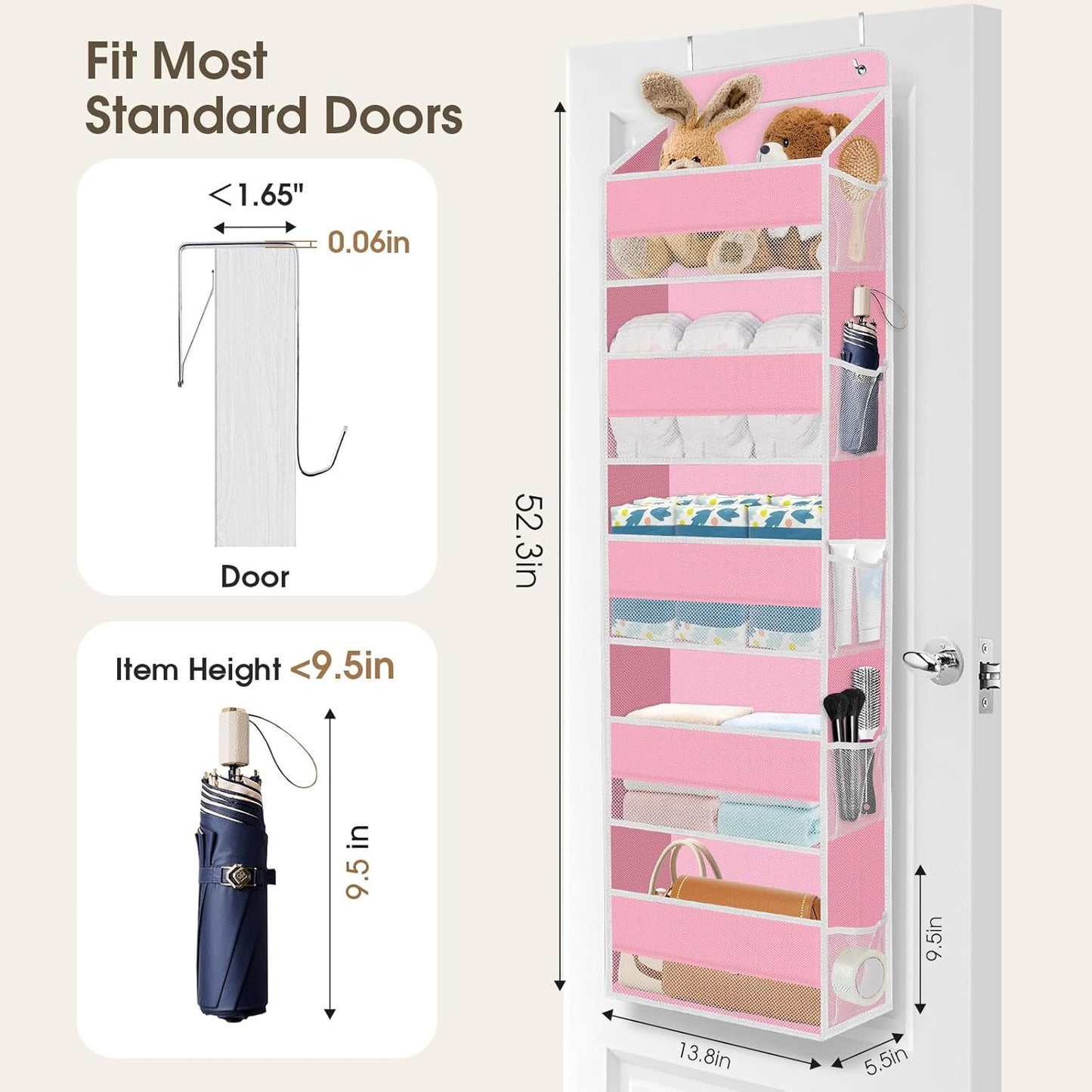 SpaceHacks 5-Tier Over The Door Organizer Hanging Storage Organizers with Clear Window 40lb Large Capacity Room Organizer for Pantry Bathroom Nursery Closet(Pink)