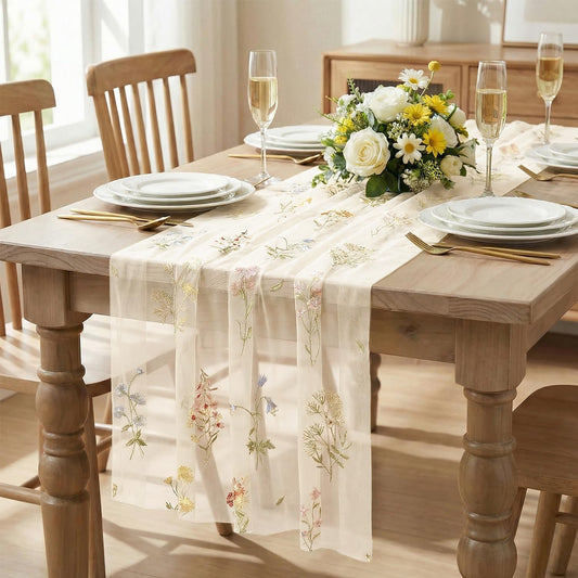 Artoid Mode Wildflower Floral Beige Apricot Gauze Embroidery Table Runner 120 Inch 10FT, Tulle Seasonal Spring Kitchen Dining Table Decor for Home Party