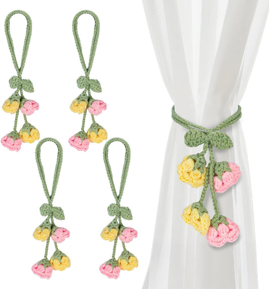 Flower Curtain Tiebacks, 4pcs Lily-of-The-Valley Curtains Holdbacks, Cute Curtain Holdbacks - No Drill Rope Holder, Drape Knitting Handmade for Nursery&Children's Room Decor (Pinkish/Yellow)