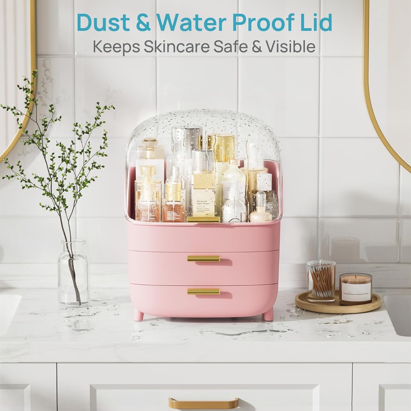 Vtopmart 3-Tier Skincare Makeup Organizer with Drawers and Lid for Vanity and Bathroom Countertop, Large Cosmetic Storage Box Case for Dresser, with Non-Slip Base, Pink