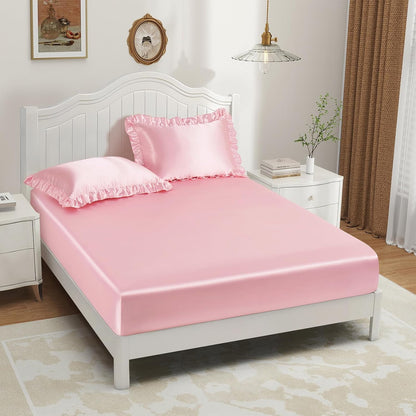 P Pothuiny 3-Piece Set Ruffle Satin Pillowcases & Twin Fitted Sheet, Luxury Blush Pink Satin Fitted Sheet Silky Soft Cute Bedding Bedroom Dorm Decor, Wrinkle Free, 15 Inch Deep Pocket
