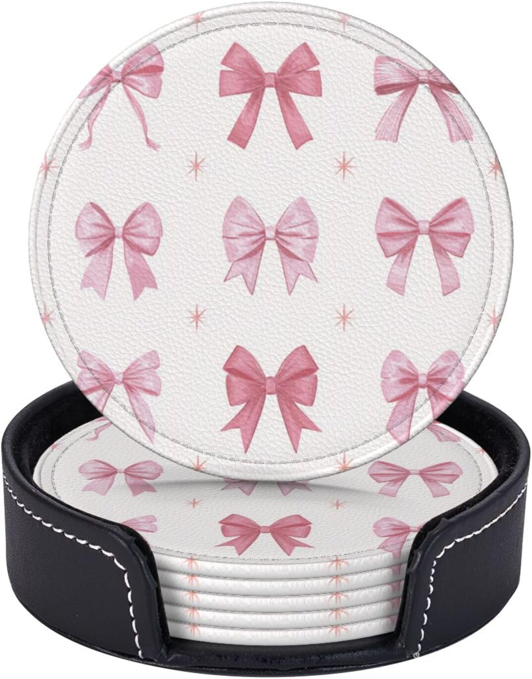 Nine Light Pink Bows Premium Leather Coasters, Set of 6 with Holder, Stylish Beverage Coasters for Kitchen Coffee Bar