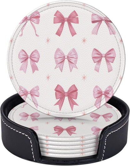 Nine Light Pink Bows Premium Leather Coasters, Set of 6 with Holder, Stylish Beverage Coasters for Kitchen Coffee Bar