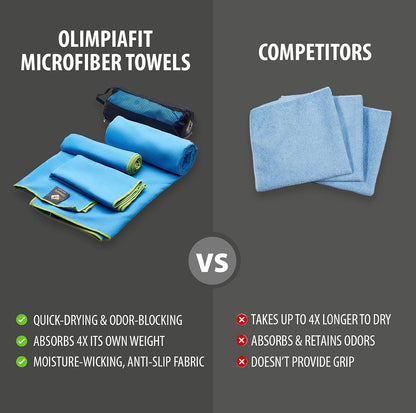 OlimpiaFit Quick Dry Towel - 3 Size Pack of Lightweight Microfiber Travel Towels w/Bag - Fast Drying Towel Set for Camping, Beach, Gym, Backpacking, Sports, Yoga & Swim Use