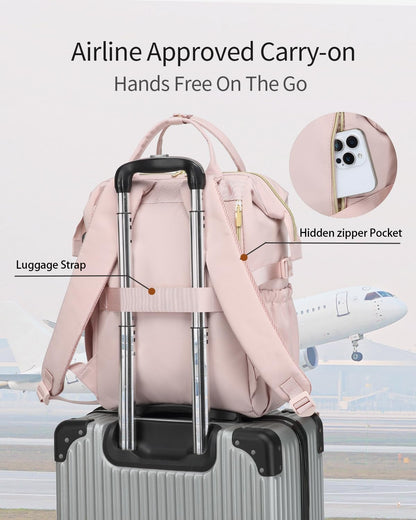 Large Bookbag for Women Laptop Backpack, Teacher Nurse Work Computer Bags with Cup Holder & USB Charger for Travel, School Bag College Back Pack for Girls, Beige Pink