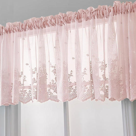 Boho Lace Small Window Curtain Valance Embroidered Solid Color Farmhouse Light Filtering Small Window Tier for Kitchen Living Room,1 Piece (Pink,29" W x 24" L)