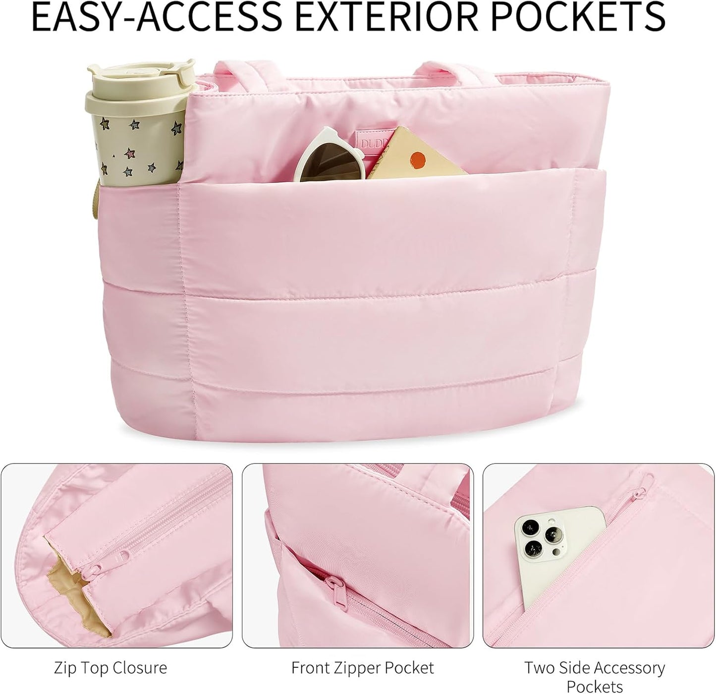 DUDDAA Puffer Tote Bag for Women, Large Travel Bag, Multiple Compartments for Work, Study, Gym, 20L, Fits 15.6'' Laptop