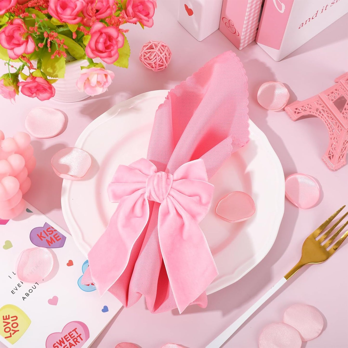 FYSUIMU 10Pcs Large Bow Napkin Rings Velvet Pink Bowknot Napkin Holder Chic Napkins Buckle Dinner Table Ring for Wedding Valentine’s Day Party Table Decor