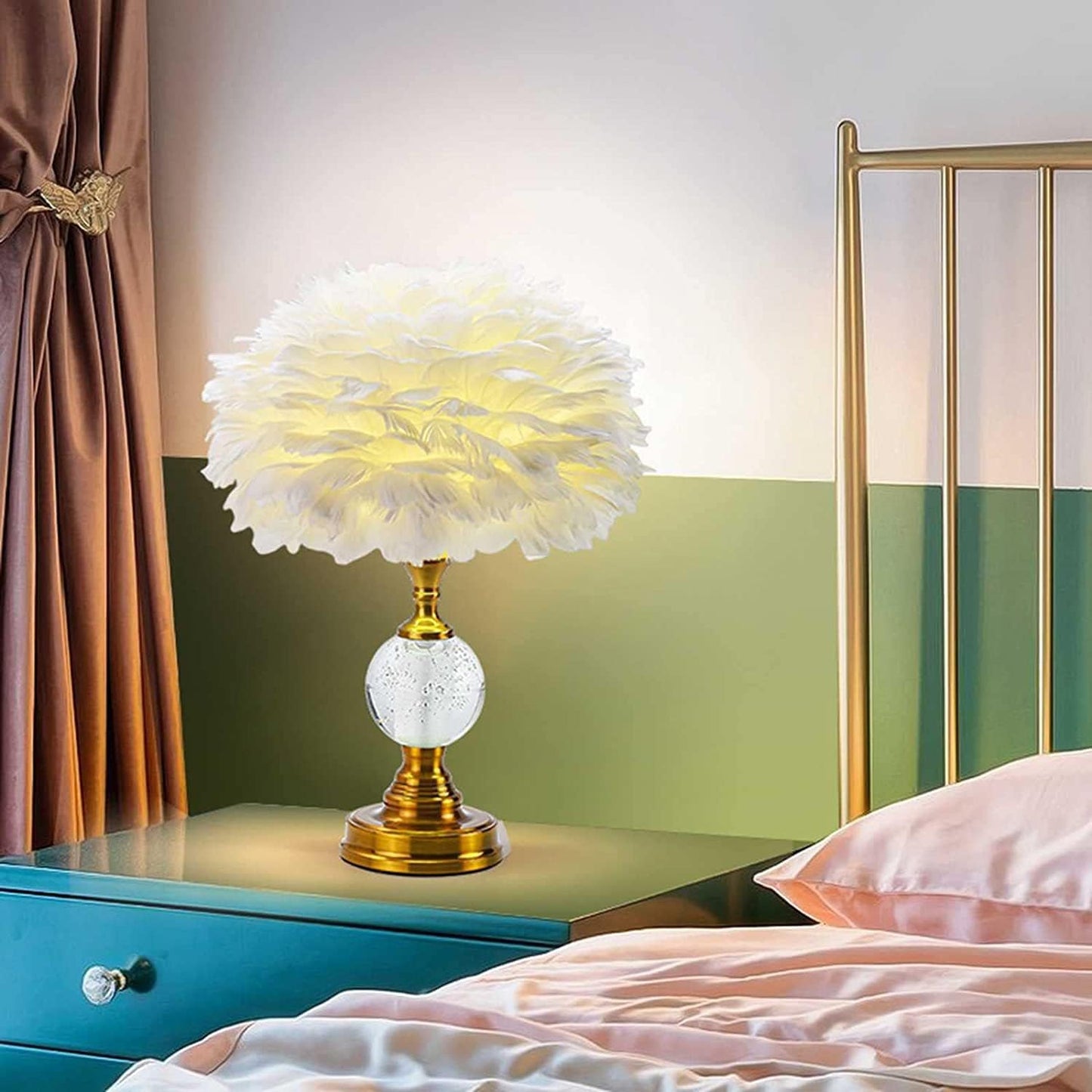 Feather Deco Table Lamp Crystal Bedside Table Lamp Creative Personality Art Lamps Bedroom Decoration Living Room Dining Room Atmosphere Lighting Dimmable (Pink)