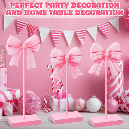 3 Pcs Small Bow Wooden Sign Tall Standing Block Coquette Room Decor Bow Centerpieces for Table Topper Girly Coquette Party Tiered Tray (Pink Bow)