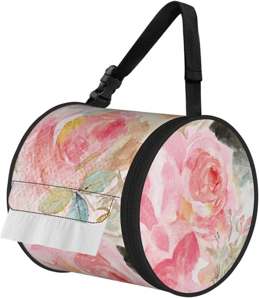 Watercolor Pink Rose Hanging Cylinder Tissue Box Cover, Car Tissues Box, Suitable for Home Decoration and Travel Lightweight Tissue Bag