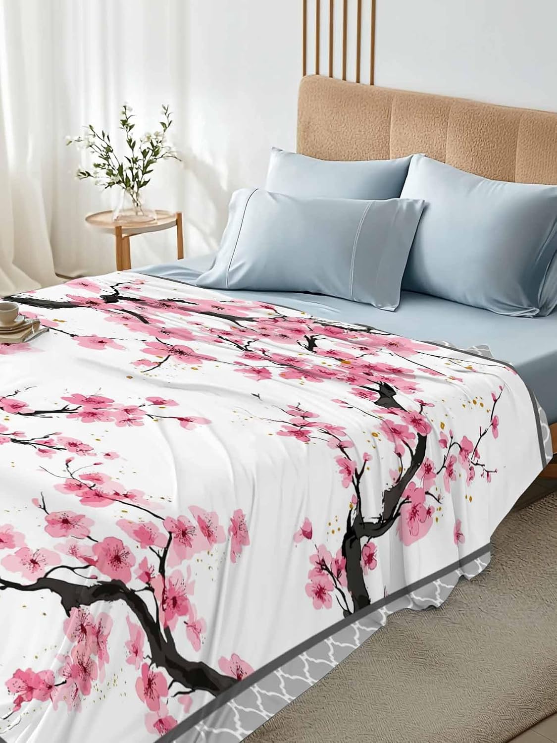 Spring Pink Flowers Full Size Sheets - Hotel Quality Full Flat Sheet Only 1 Pack, Botanical Peach Blossoms Floral Soft Bed Sheet Brushed Microfiber Bedding Top Sheets for Home Dorm