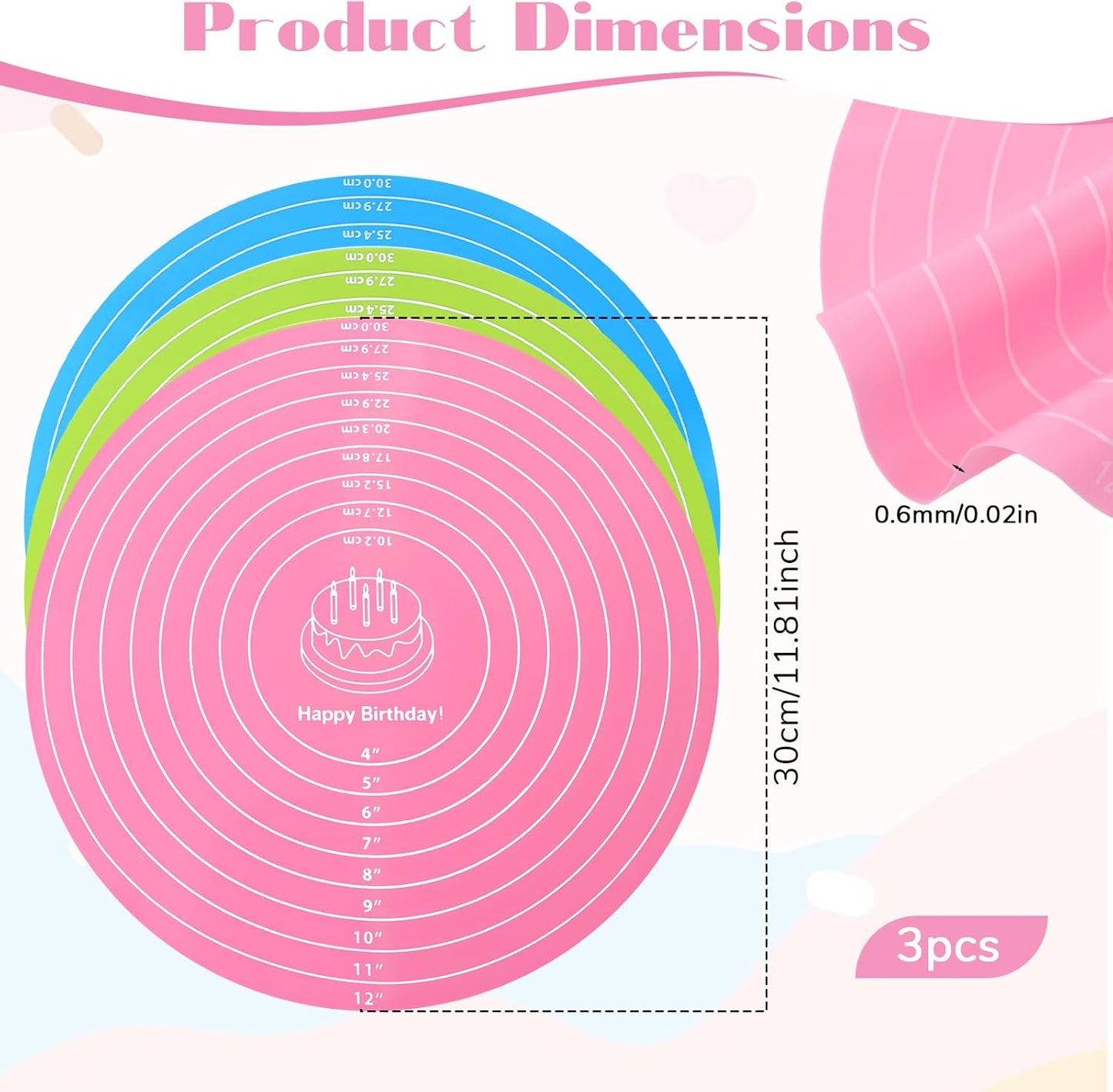 TIESOME 3 Pcs Round Silicone Baking Mat, 12 Inch (30cm) Silicone Rolling Mat With Measurements, Reusable Non-Stick Heat Resistant Baking Sheet for Dough, Fondant, Cookie & Pizza (Blue Pink Green)