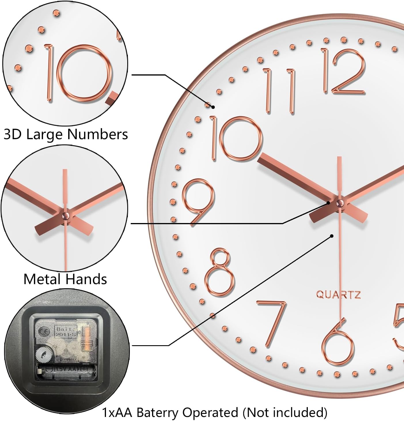 Silent Wall Clocks Battery Operated 8 Inch, Analog Wall Clock with Oversized Number Tempered Glass Clock Face, Rose Gold Quartz Non Ticking Wall Clocks for Living Room Bedroom Kitchen Office