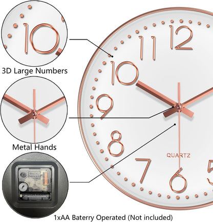 Silent Wall Clocks Battery Operated 8 Inch, Analog Wall Clock with Oversized Number Tempered Glass Clock Face, Rose Gold Quartz Non Ticking Wall Clocks for Living Room Bedroom Kitchen Office