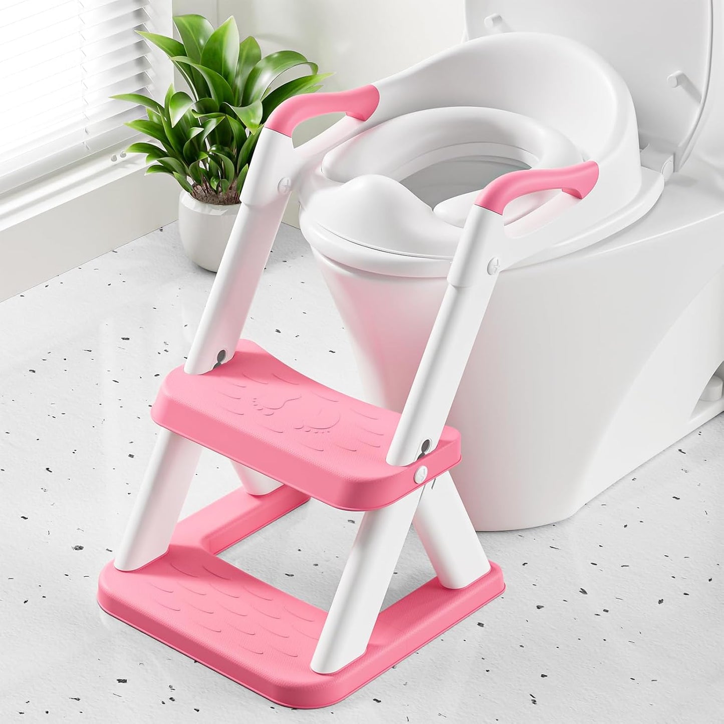 Potty Training Toilet Seat with Steps, 2-in-1 Toddler Toilet Seat for Boys Girls with Splash Guard Soft Anti-Slip Pad,Bright Pink