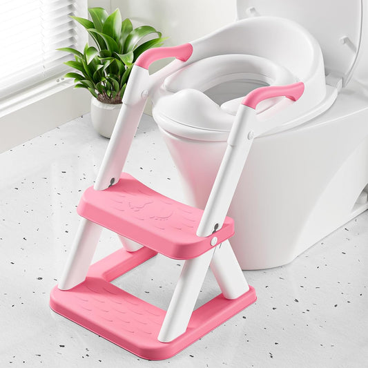 Potty Training Toilet Seat with Steps, 2-in-1 Toddler Toilet Seat for Boys Girls with Splash Guard Soft Anti-Slip Pad,Bright Pink