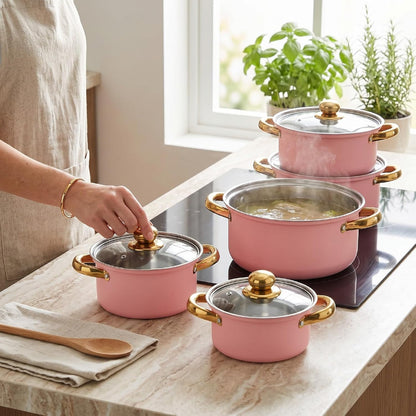 Zerodis 5Pcs Stainless Steel Stock Pot Sets, 16cm/18cm/20cm/22cm/24cm Sauce Pans with Transparent Glass Lids and Handles for Kitchen Cooking Boiling Frying Stewing (Pink)