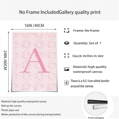 Pink Canvas Prints Modern Wall Art Personalized Initial Poster Floral Initial Print Simple and Romantic Pink Alphabet A Poster16x24 Inch Frameless Waterproof Painting for Home Gallery Hallway Entrance