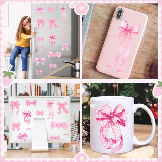 100 Pcs Pink Bow Wall Stickers Watercolor Girls Room Wall Decals Pink Bow Decor Bowtie Sticker Decal for Nursery Peel and Stick Pink Polka Dot Walls Art Murals Vinyl Decals for Kids Baby Bedroom Gift