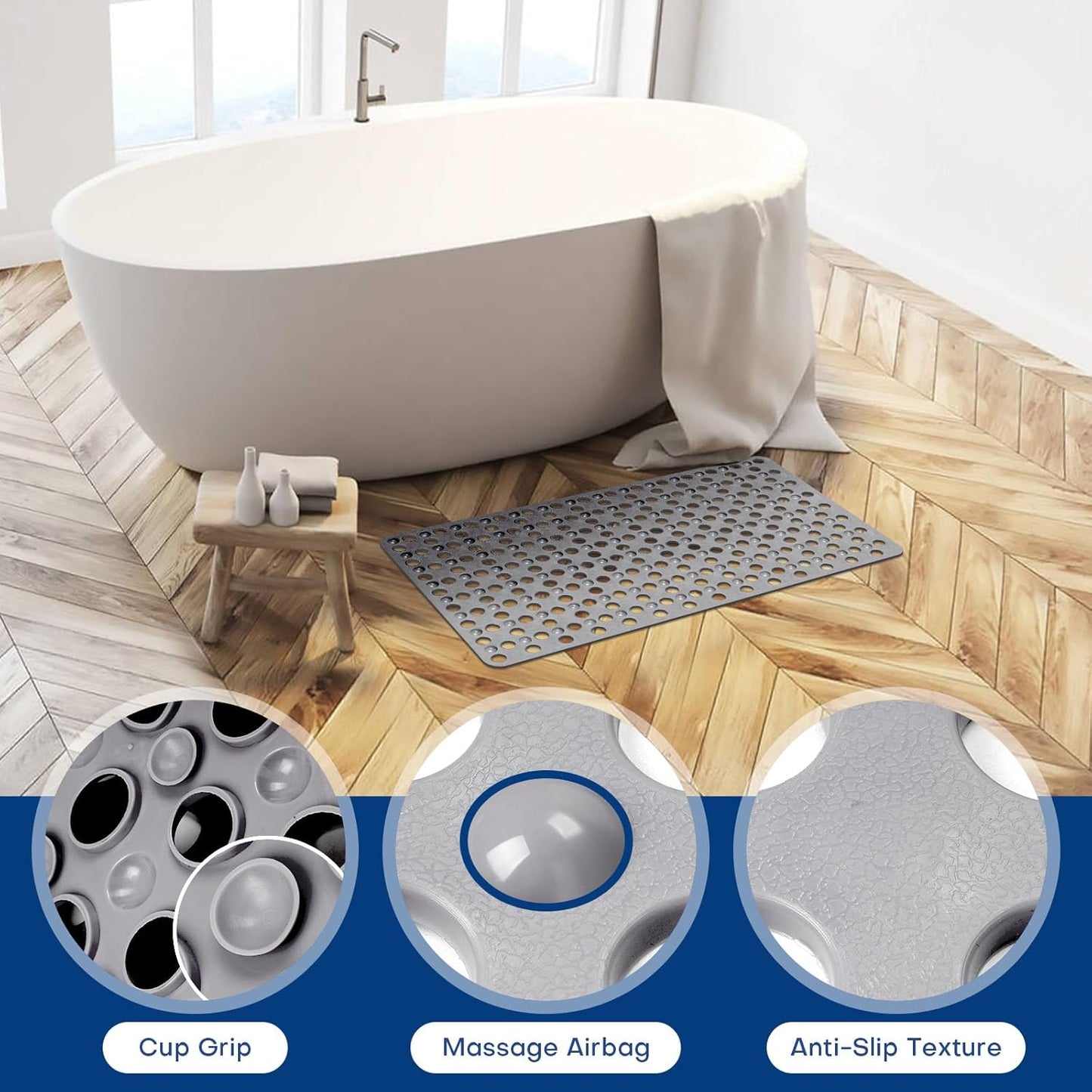 Non-Slip Bathtub Mat 31.5"x17.7" - 200+ Suction Cups, Quick-Dry PVC Shower Mat with Drain Holes - Slip Resistant for Bathroom, Machine Washable Grip Mat
