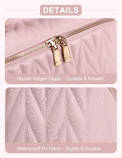 Travel Makeup Bag for Women, Large Capacity Cosmetic Bags for Girls, Compact Pouch Make up Organizer, Waterproof Toiletry Bag with Divider and Handle (Pink)