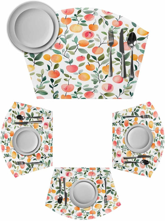 Round Table Placemat Wedge Placemats Set of 4,Summer Watercolor Peach Orange Leaf Placemat Washable Table Mats,Farmhouse Fruit Plant Fan Shaped Place Mats for Kitchen Dinner Party Decor