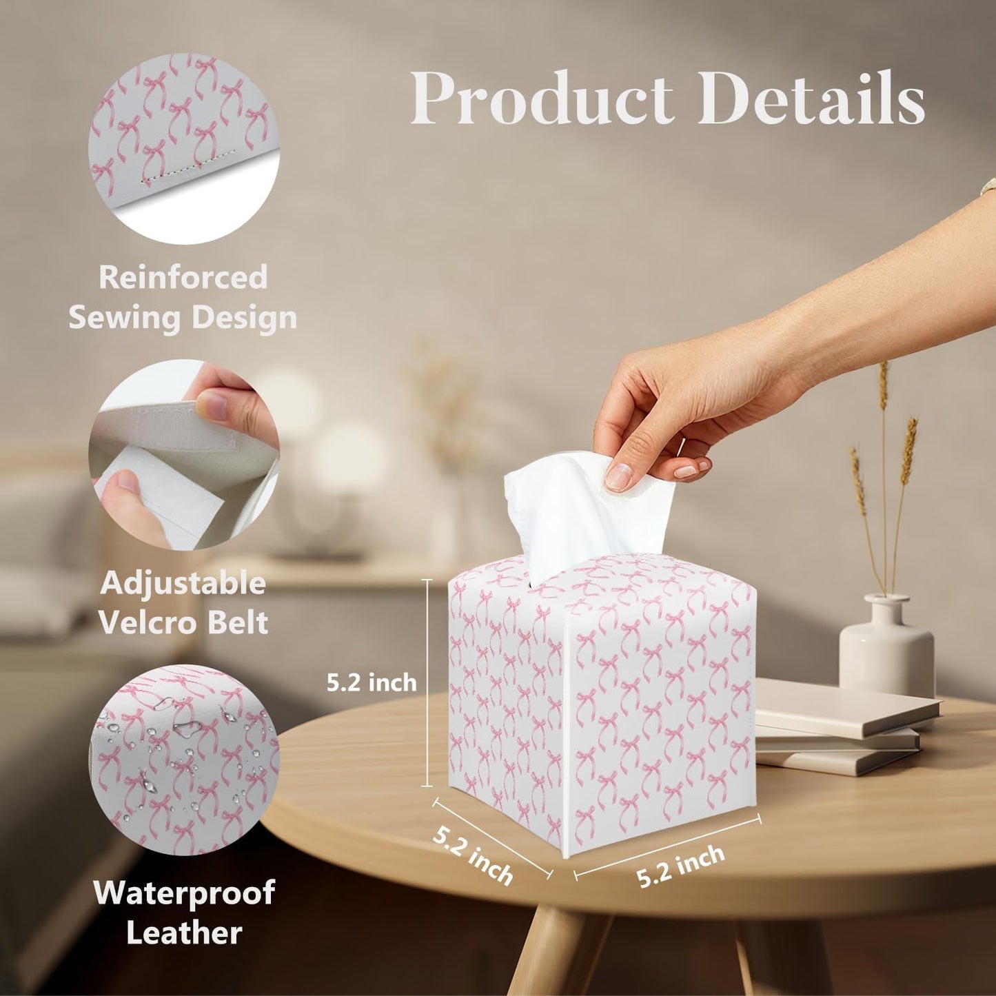 Pink Bow Tissue Box Cover Square, Pink Ribbon Decorative Tissue Box Holder for Bedroom Bathroom Kitchen Office Vanity Countertop, Leather Facial Paper Organizer Dispenser -17