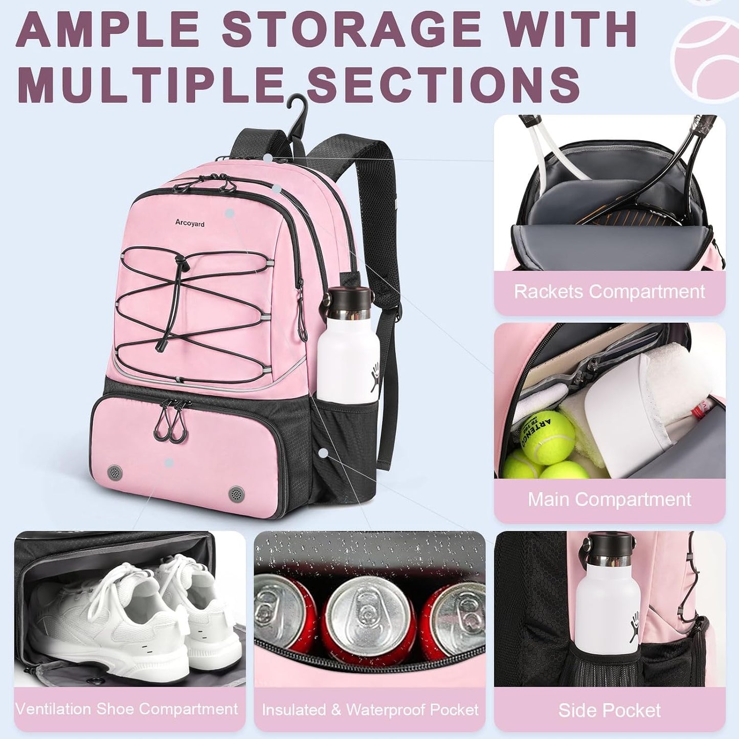 Arcoyard Tennis Bag Holds 2 Rackets, Professional Tennis Bags for Women, Tennis Backpack with Ventilated Shoe Compartment