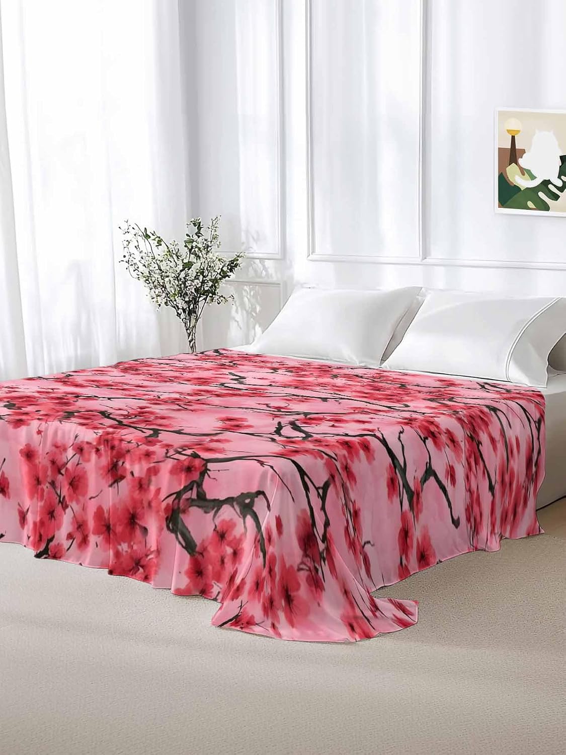 Chinese Flowers Full Size Flat Sheet Only, Hotel Luxury Microfiber Bed Top Sheets, Spring Pink Peach Blossoms Floral Soft Breathable Bedding Sheet for Bedroom, Easy Care - 81" x 96"