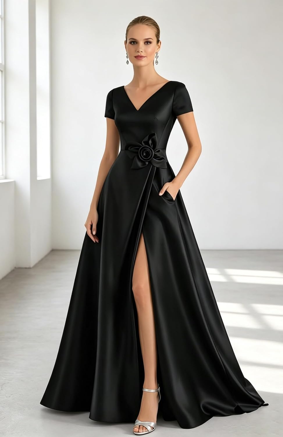 Short Sleeve Prom Dresses for Women 3D Flower Satin Formal Evening Gown with Slit V Neck Long Mothet of The Bride Dress