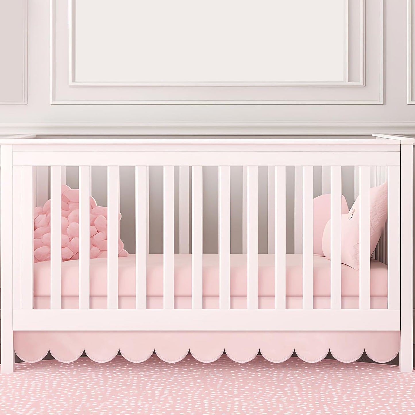 Hahafelt Scalloped Crib Skirt for Baby Girl Nursery, 28"x 52" with 14" Drop, 4-Sided Dust Ruffle, Soft Breathable Fabric, Elegant Nursery Decor, Fits Standard Crib, Pink