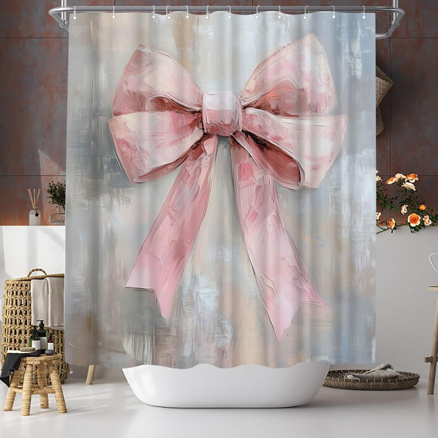 Pink Bow Shower Curtain - Cute Coquette Bowknot Shower Curtains for Bathroom - Waterproof Polyester Fabric with Hooks, 72X72inch