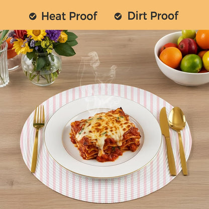 Round 13'' Placemats Set of 6, Pink Vertical Striped HeatResistant Polypropylene Placemats, Farmhouse Thin Line Stripes Washable Woven Braided Place Mats for Dining Table, Non Slip Kitchen Table Decor