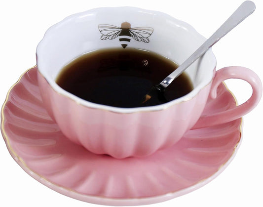 YBK Tech Strengthen Porcelain Cup and Saucer Set, 9oz Cup with Saucer - Gold Bee Inside The Cup (Pink)