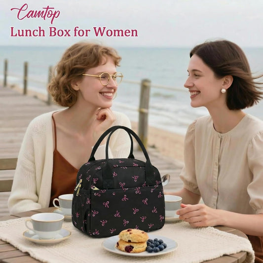CAMTOP Lunch Box for Women Men Insulated Lunch Bag Lunch Tote Bag Leakproof Thermal Cooler Large Capacity for Travel Work School Picnic (Black Pink Bow)