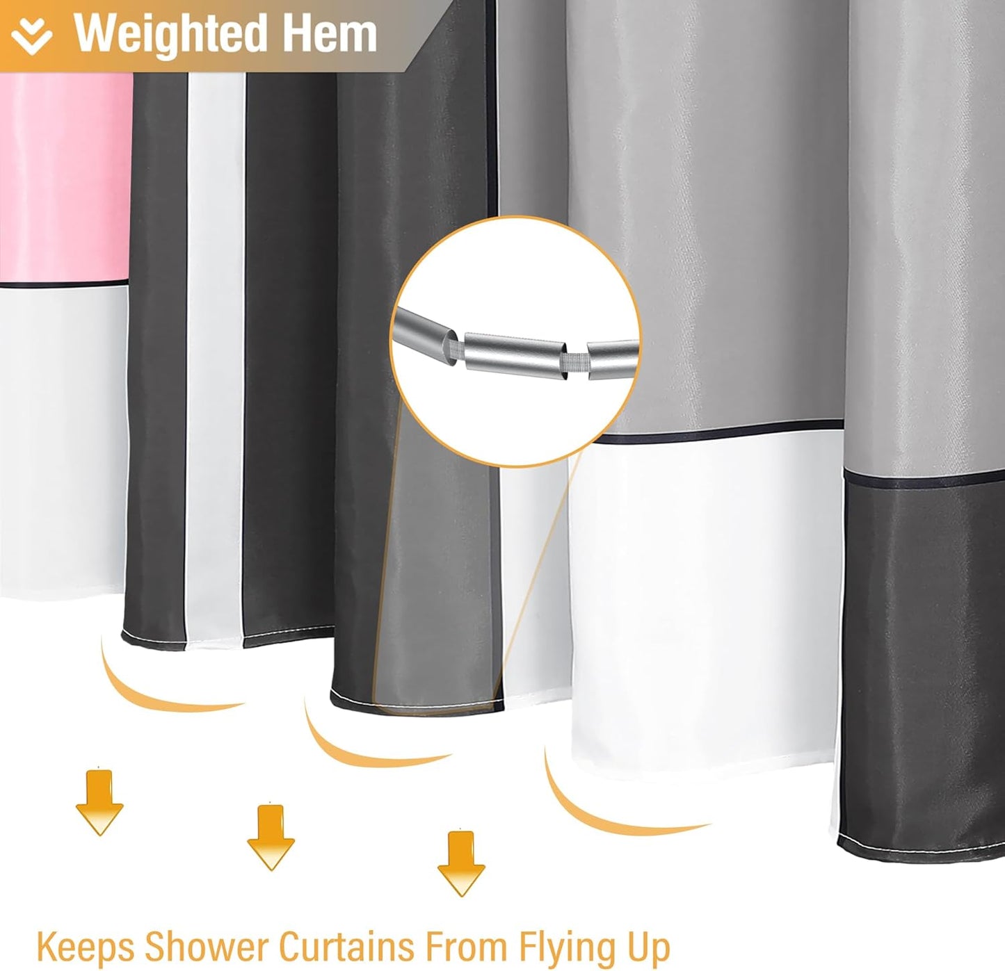 BTTN Pink Fabric Shower Curtain Set, Modern Geometric Neutral, Weighted Hem, Water Repellent, White Black Grey Decorative Polyester, 72x72