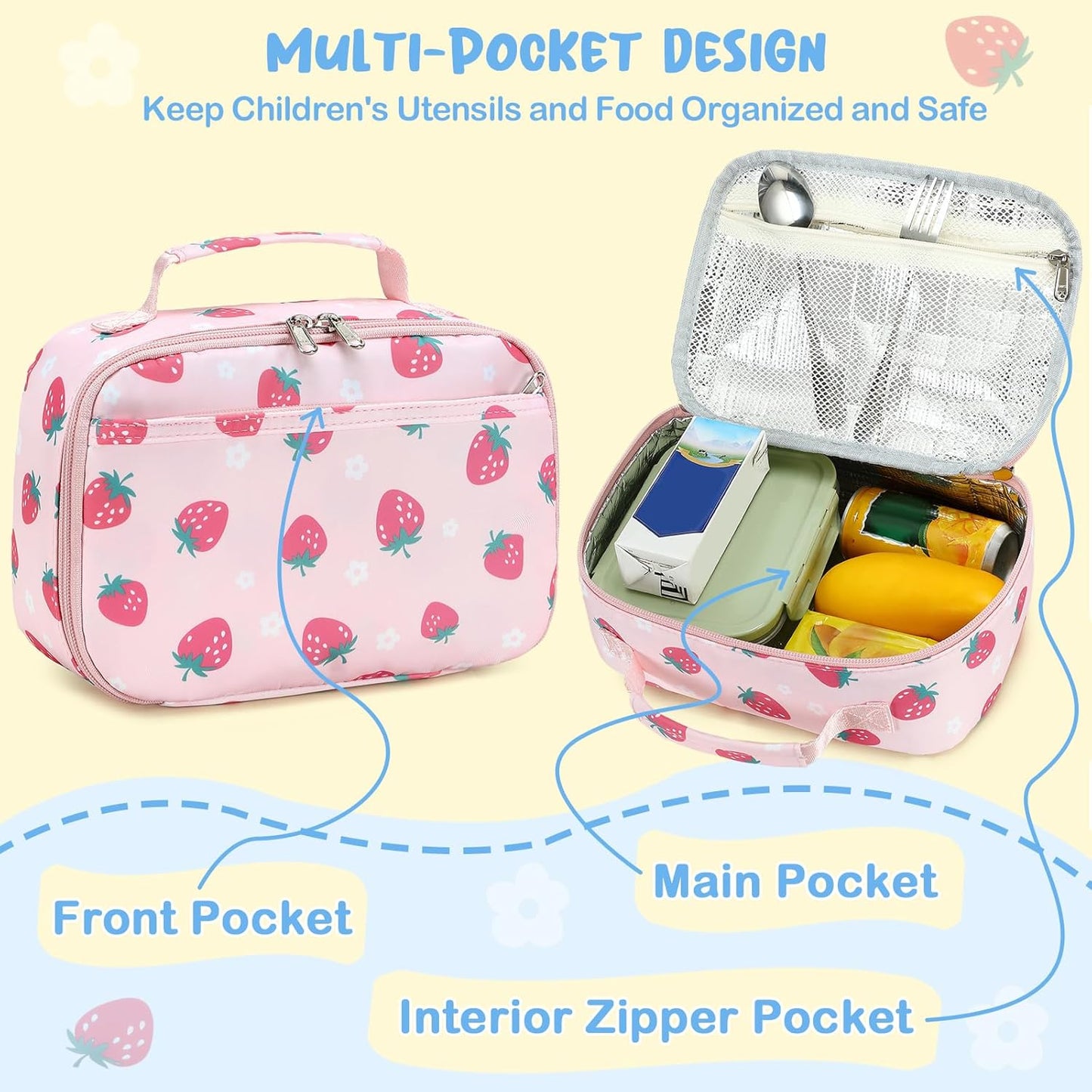 CAMTOP Lunch Box Kids Boys Girls Insulated Lunch Cooler Bag Reusable Lunch Tote Kit for School Travel (Pink Strawberry)