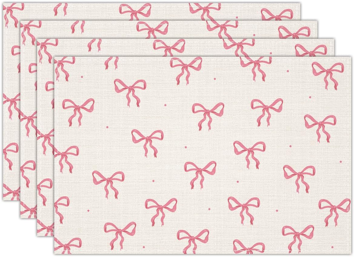 Pink Bow Linen Placemats Set of 4, Cute Waterproof Washable Heat Resistant Place Mats 12x18 Inch, Table Mat for Bridal Shower Wedding Outdoor Indoor Home Kitchen Birthday Party Dining Decoration-13
