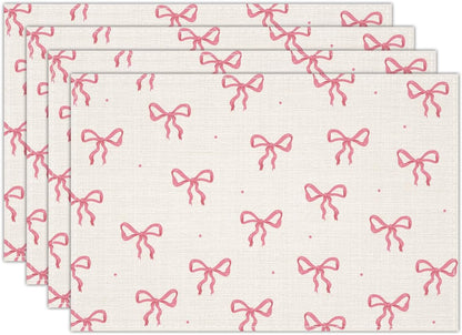 Pink Bow Linen Placemats Set of 4, Cute Waterproof Washable Heat Resistant Place Mats 12x18 Inch, Table Mat for Bridal Shower Wedding Outdoor Indoor Home Kitchen Birthday Party Dining Decoration-13