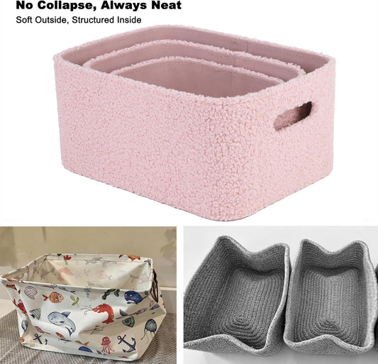 Boucle Storage Baskets Set of 3, Luxury Handmade Nursery Organizing Storage Bins, Nesting Shelf Baskets Decorative Boxes for Gifts, Toy Box for Shelf Closet Home Organization, Pink