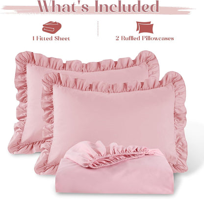 Homiest 3-Pieces Ruffle Pillow Case & Fitted Sheet Set, Light Pink Queen Sheets with 2 Ruffled Pillow Shams, 15 Inch Deep Pocket, Cute & Coquette Microfiber Bed Set for Decorating Bedroom Hotel