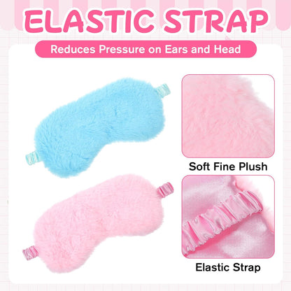 2 Pcs Plush Fluffy Eye Mask, Soft Sleeping Blindfold Eye Cover Comfortable Satin Back Faux Fur Nap Eyes Cover Cute Fluffy Furry Sleeping Blindfold for Men Women Gift (Pink, Blue)